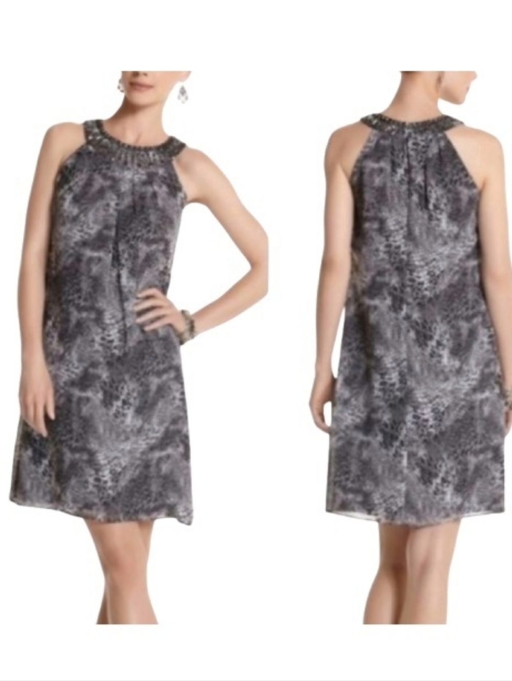 WHBM Snakeskin Print Halter Neck Dress Beaded Embellished Cocktail Party